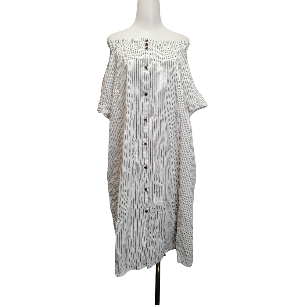 🌿🌿Off-Shoulder Striped Button-Front Dress - White/Grey